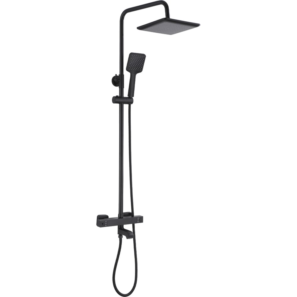 Изображение товара Смеситель + стойка душевая тропический душ GFmark с ТЕРМОСТАТОМ, с двумя лейками, черного цвета 3103