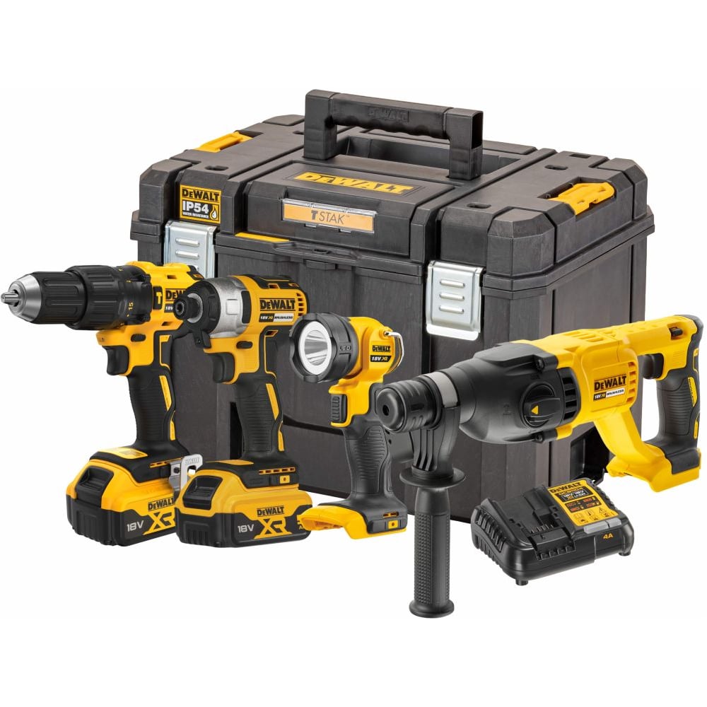 Изображение товара Аккумуляторный набор Dewalt DCK440P2T, 18В: дрель+шуруповерт+перфоратор+фонарь, с 2 АКБ 5 Ач и ЗУ, в кейсе TSTAK DCK440P2T-QW