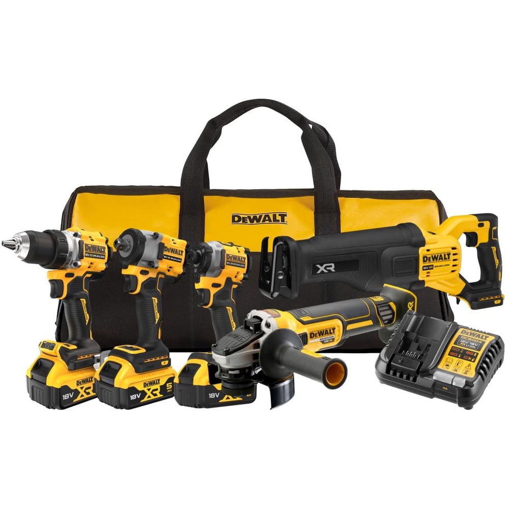 Изображение товара Аккумуляторный набор Dewalt DCK509P3, 18 В: дрель+шуруповерт+гайковерт+УШМ+сабельная пила, с 3 АКБ 5 Ач и ЗУ, в сумке DCK509P3-QW