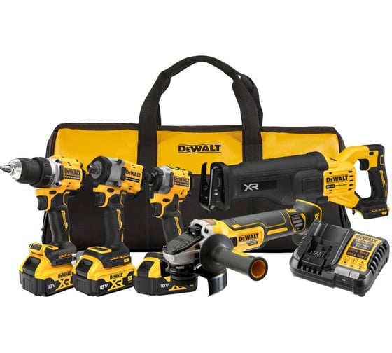 Изображение товара Аккумуляторный набор Dewalt DCK509P3, 18 В: дрель+шуруповерт+гайковерт+УШМ+сабельная пила, с 3 АКБ 5 Ач и ЗУ, в сумке DCK509P3-QW
