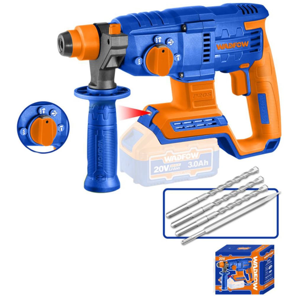 Изображение товара Аккумуляторный перфоратор WADFOW 20В 2 Дж с режимами долбления и регулировкой скорости