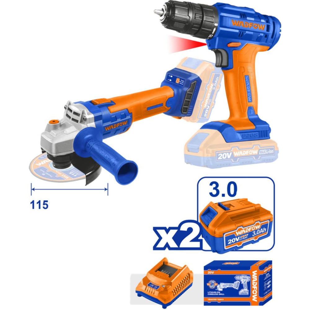 Изображение товара Набор аккумуляторного инструмента WADFOW 20В с шлифмашиной и дрелью-шуруповерт