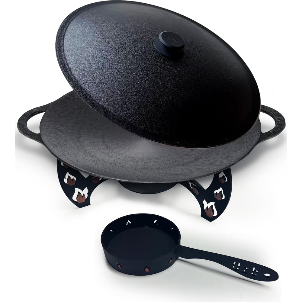 Изображение товара Садж чугунный Davr Metall 45 см с подставкой и крышкой (плоское дно) садж45см(плоск)+подставка(Огонь)+крышка(45)