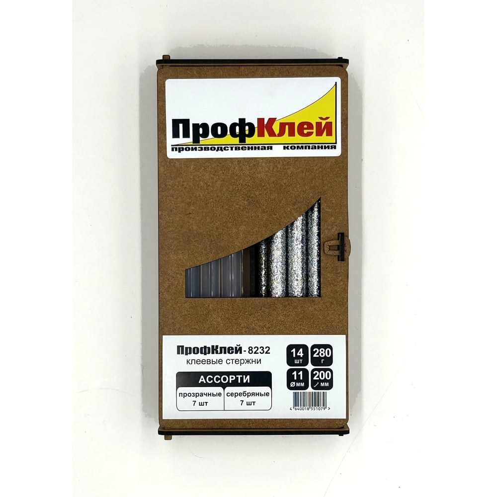 Изображение товара Клеевые стержни ПрофКлей 8232 ассорти (прозрачные + серебро глиттер), 11х200 мм, 14 шт, 280 г RU.8232.TS