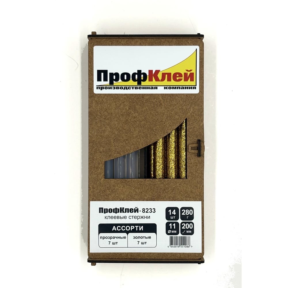 Изображение товара Клеевые стержни ПрофКлей 8233 ассорти (прозрачные + золото глиттер), 11х200 мм, 14 шт, 280 г RU.8233.TG