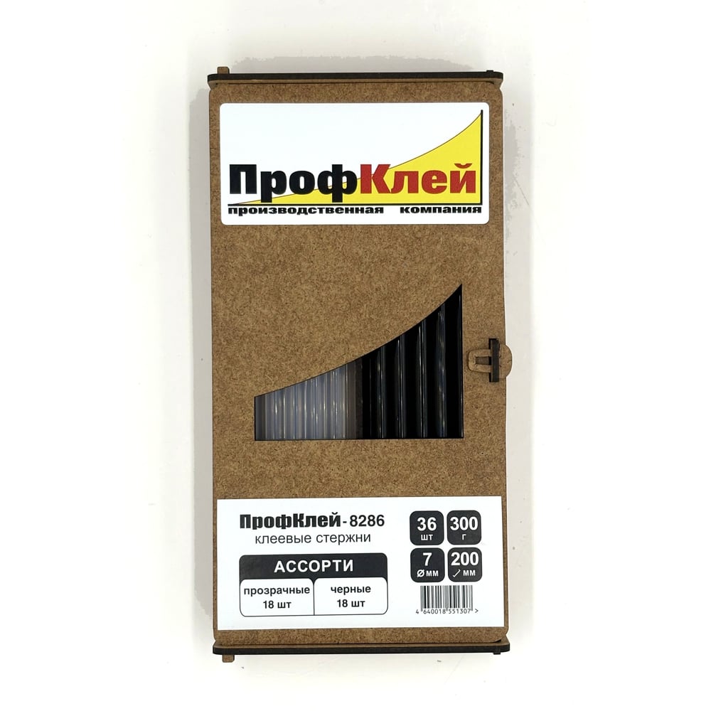 Изображение товара Клеевые стержни ПрофКлей 8286 ассорти (прозрачные + черные), 7х200 мм, 36 шт, 300 г RU.8286.TB