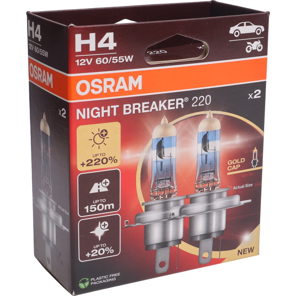 Изображение товара Автолампа Osram H4 60/55 P43t+220% NIGHT BREAKER 220 12V экобокс, 2шт 64193NB220-2HB 504498