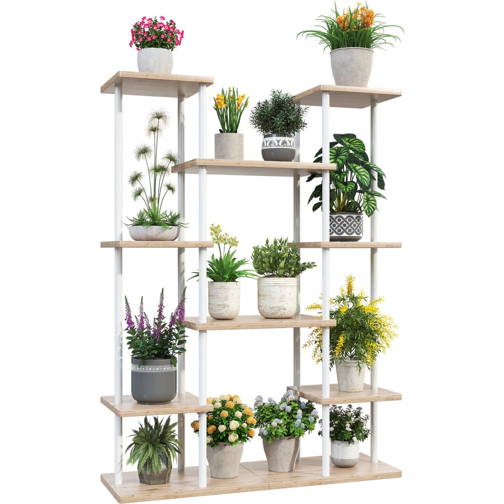 Изображение товара Напольная подставка GARDEN SHOW для цветов №9 6 ярусов 14 мест МДФ светлое дерево 80х23,7х106 см металл белый 266585