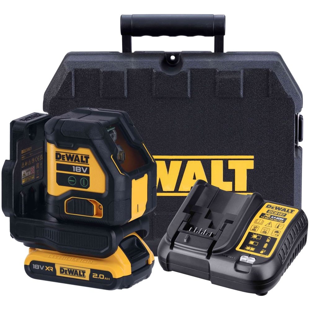 Изображение товара Аккумуляторный лазерный нивелир Dewalt DCLE34021D1, 18 В, зеленый луч, 55 м, с АКБ 2 Ач и ЗУ, в кейсе DCLE34021D1-QW Изображение товара Аккумуляторный лазерный нивелир Dewalt DCLE34021D1, 18 В, зеленый луч, 55 м, с АКБ 2 Ач и ЗУ, в кейсе DCLE34021D1-QW