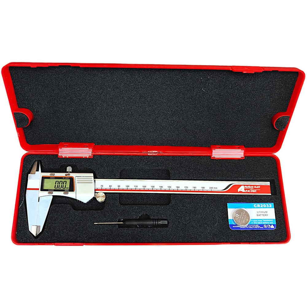 Изображение товара Штангенциркуль АЛЬФА-НДТ ШЦЦ-1-200-0,01 подсветка, IP54, с первичной калибровкой УП-00004727