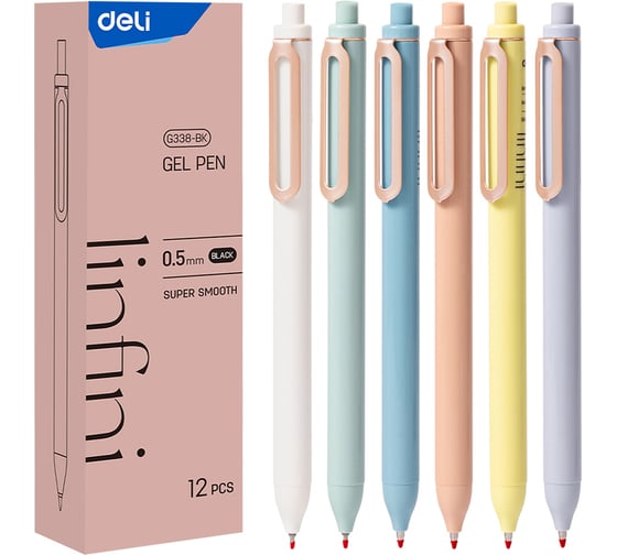 Изображение товара Ручка гелевая автоматическая DELI черная, пулевидный наконечник, 0.5мм, 6 цветов корпуса, ассорти, пластик, металлический клип розовое золото, 12шт EG338-BK