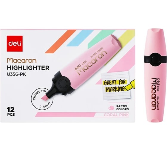 Изображение товара Текстовыделитель Deli Macaron скошенный пиш. наконечник 1-4мм розовый, 12шт EU356-PK