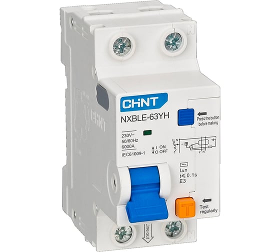 Изображение товара Автоматический выключатель дифференциального тока CHINT АВДТ NXBLE-63YH 1P+N C50 30мА тип AC 6кА, электронный (R) (упаковка 6 шт.) 515307