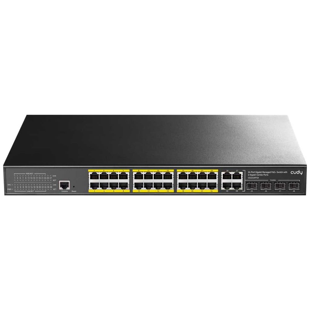 Изображение товара Управляемый коммутатор 2-го уровня Cudy GS2028PS4-300W с 24 гигабитными портами, 4 гигабитными комбинированными портами и поддержкой PoE+ (300 Вт) 10000152544