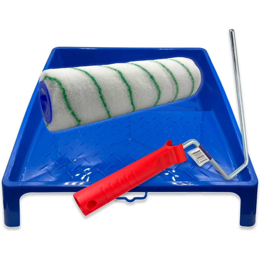 Изображение товара Валик малярный Alvar с ручкой для красок 250х48мм, ворс 12 мм, белый-зеленый, ванночка для краски 300х150мм AL-T300-AL-V250WG-RHS825