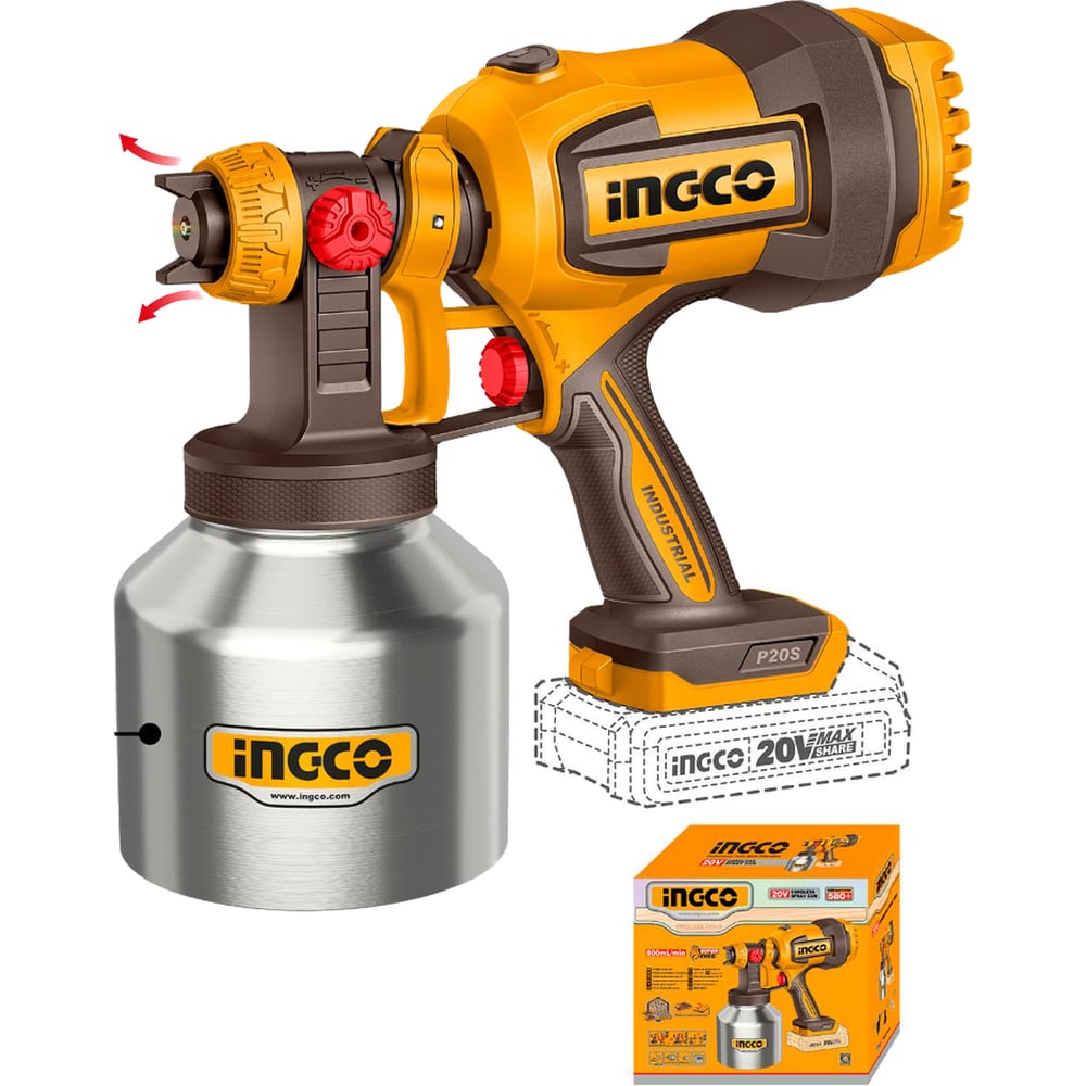 Изображение товара Аккумуляторный краскораспылитель INGCO CSGLI20041 800 мл/мин для водных красок и лака