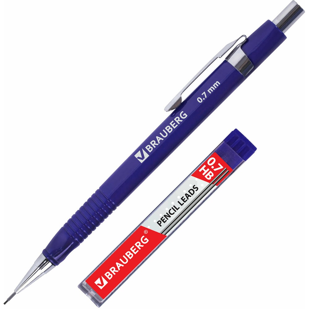 Изображение товара Трёхгранный механический карандаш BRAUBERG синий корпус + грифели HB, 0,7 мм, набор 12 шт 180494