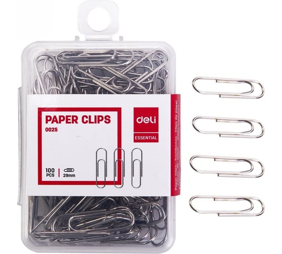 Изображение товара Скрепки металл Deli 29мм ( упак. : 100шт) пластиковая коробка ( 10шт) E0025