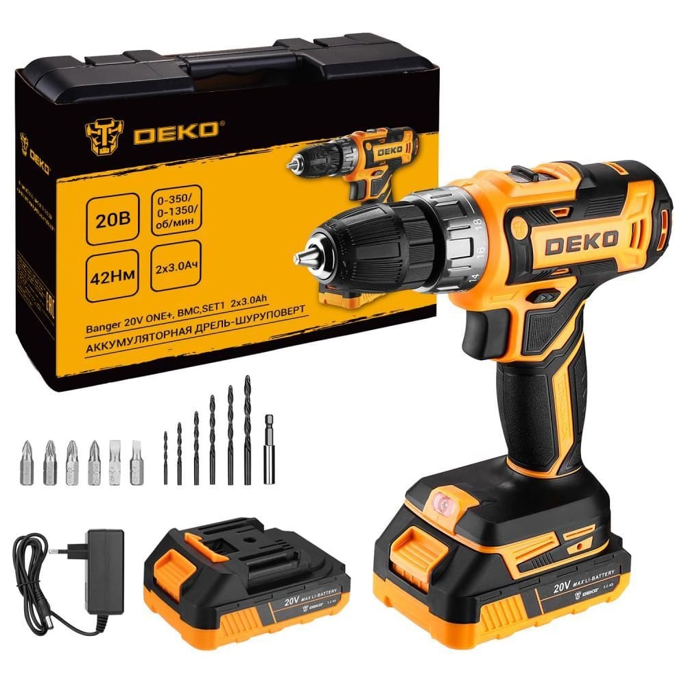 Изображение товара Аккумуляторная дрель-шуруповерт DEKO Banger 20V ONE+ 13 предметов в кейсе, 2x3.0Ач 083-1109