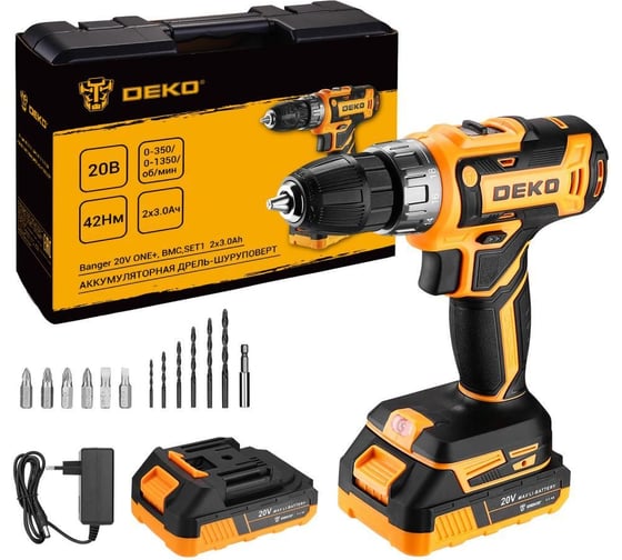 Изображение товара Аккумуляторная дрель-шуруповерт DEKO Banger 20V ONE+ 13 предметов в кейсе, 2x3.0Ач 083-1109