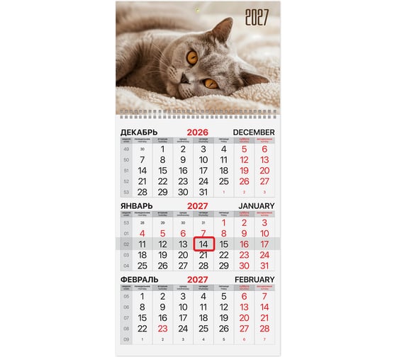 Изображение товара Календарь квартальный BRAUBERG 2027г, 1 блок 1 гребень, бегунок, офсет, Котик 118390