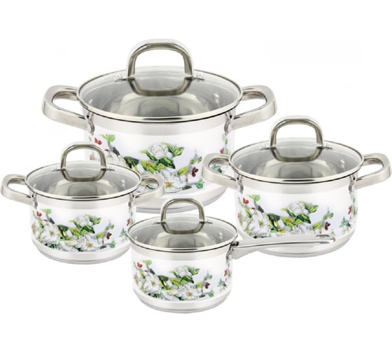 Изображение товара Набор кастрюль Pomi d'Oro 18 см, 20 см, 24 см и соусник 16 см с крышками P-640553 Fiore gardenia