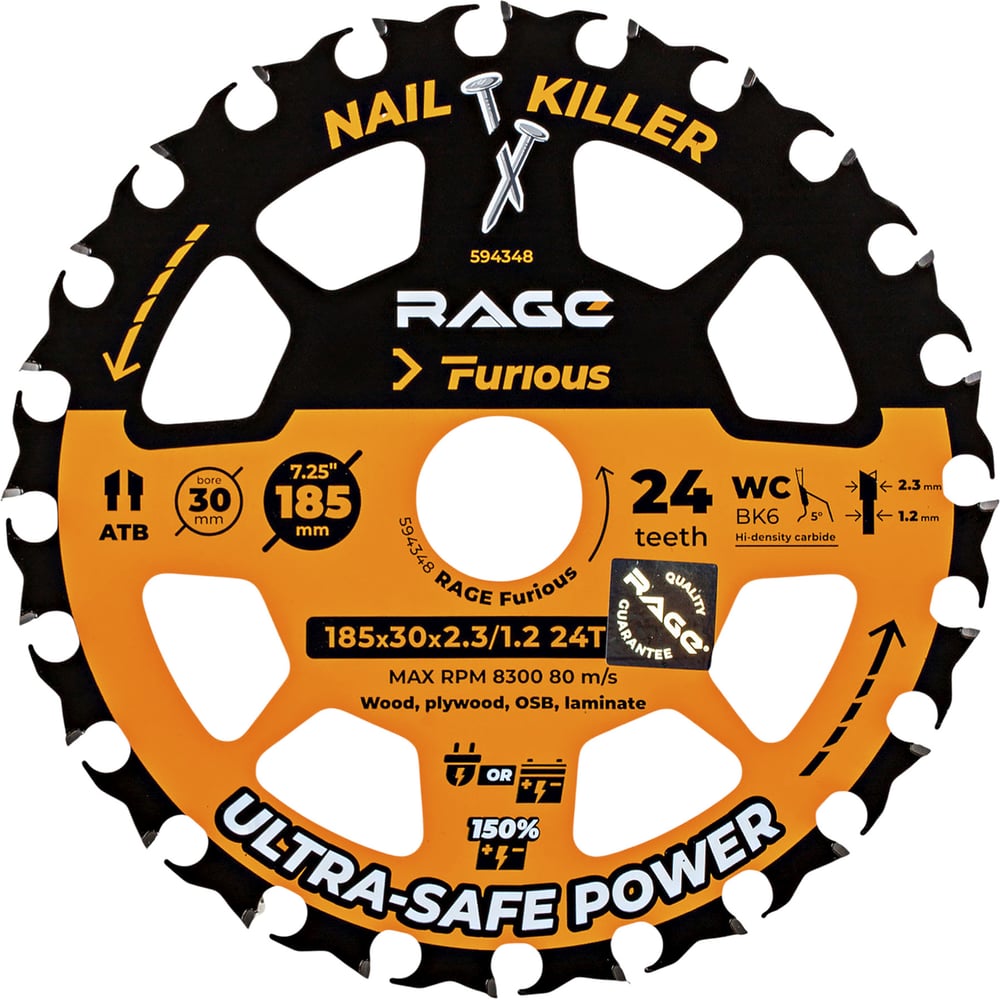 Изображение товара Диск пильный RAGE NAIL KILLER 185 мм (7 1/4”) Z24 посадка 30+20+16 Furious 594348 Изображение товара Диск пильный RAGE NAIL KILLER 185 мм (7 1/4”) Z24 посадка 30+20+16 Furious 594348