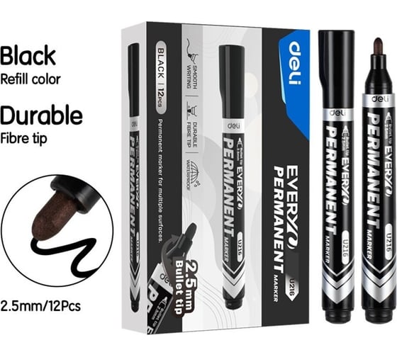 Изображение товара Перманентный маркер DELI, пулевидный наконечник 2,5 мм, чернила черные, 12 шт. EU216-BK