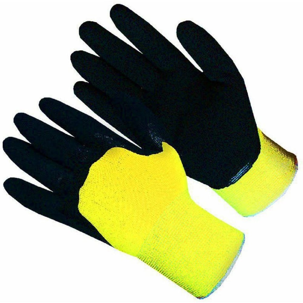 Изображение товара Перчатки нейлоновые РосМарка с вспененным латексным покрытием, лимонный/черный, 1/360 (12 шт) Р6201