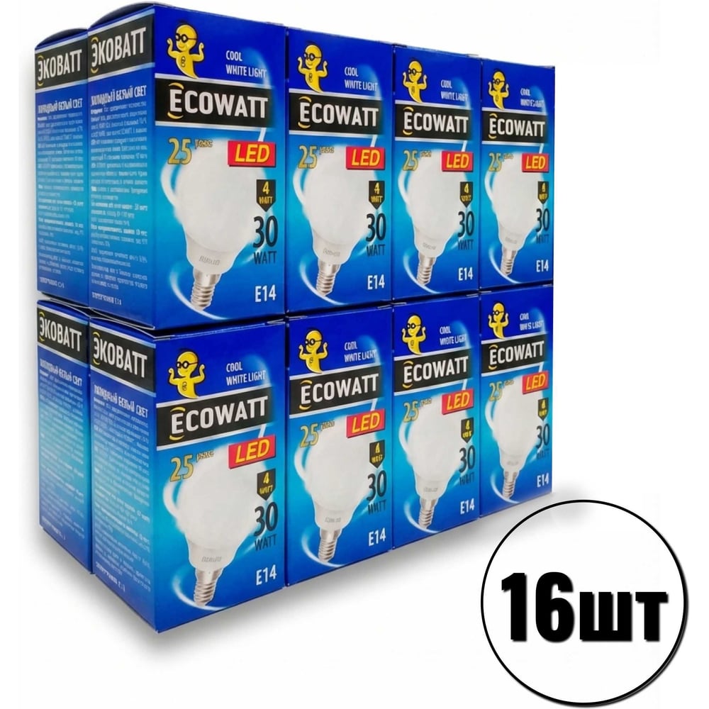 Изображение товара Светодиодные лампы ECOWATT A50 4000K E14, 16 шт, общее освещение
