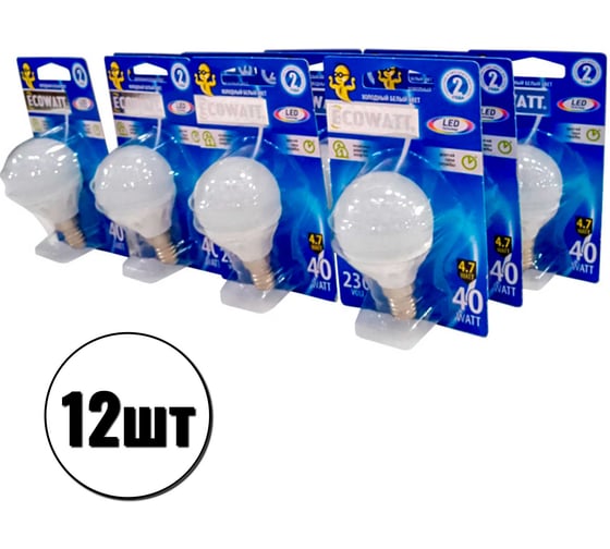 Изображение товара Набор светодиодных ламп ECOWATT 12шт P45 230В 4.7(40)W 4000K E14 холодный белый свет 4606400209119