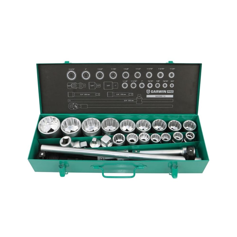 Изображение товара Набор торцевых головок GARWIN 3/4" 23 шт. 12-гранные с трещоткой и кейсом