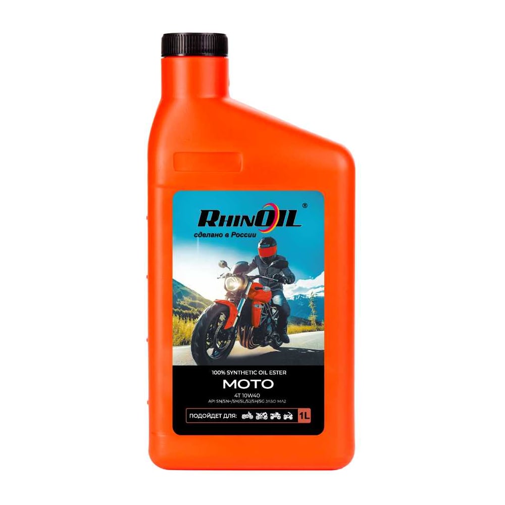 Изображение товара Масло моторное синтетическое для 4-х тактных двигателей RhinOIL MOTO SAE 10w-40 API SN/SN+/SM/SL/SJ/SH/SG, JASO MA2 1л 4631170060127