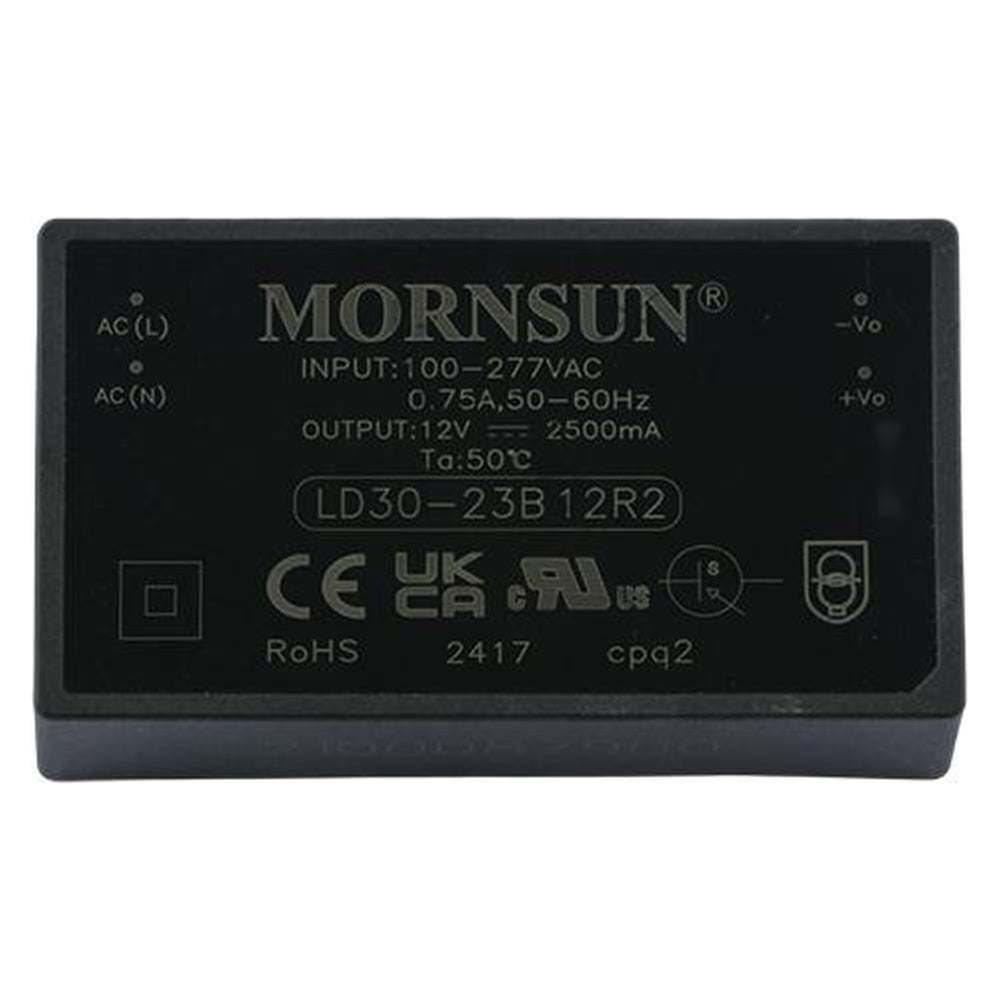 Изображение товара Блок питания на печатную плату MORNSUN LD30-23B12R2, в кожухе, AC/DC 30 Вт 12 В, изолированный, залитый компаундом, низкий уровень шумов и пульсаций 3915785