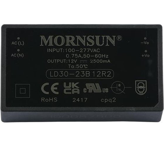 Изображение товара Блок питания на печатную плату MORNSUN LD30-23B12R2, в кожухе, AC/DC 30 Вт 12 В, изолированный, залитый компаундом, низкий уровень шумов и пульсаций 3915785