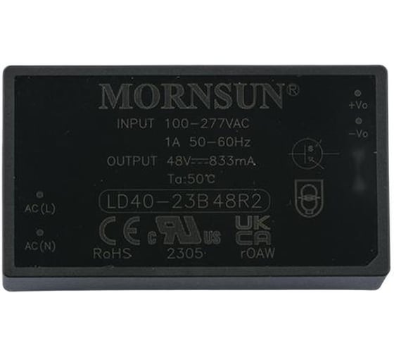 Изображение товара Блок питания на печатную плату MORNSUN LD40-23B48R2, в кожухе, AC/DC 40 Вт 48 В, изолированный, залитый компаундом, низкий уровень шумов и пульсаций 5314261