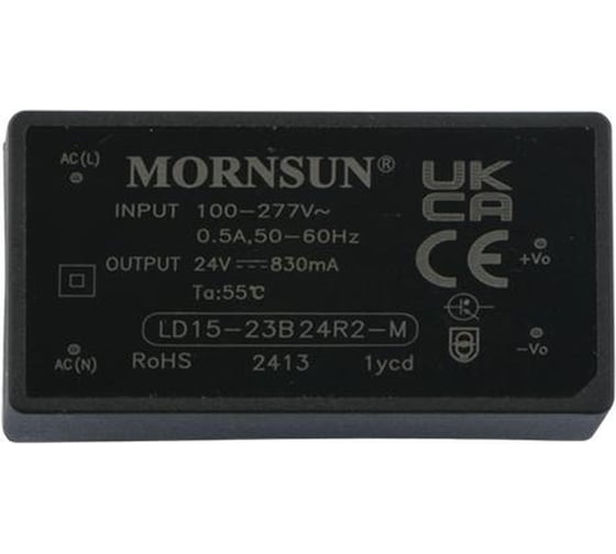 Изображение товара Блок питания на печатную плату MORNSUN LD15-23B24R2-M, в кожухе, AC/DC 15 Вт 24 В, изолированный, залитый компаундом, низкий уровень шумов и пульсаций 3682030