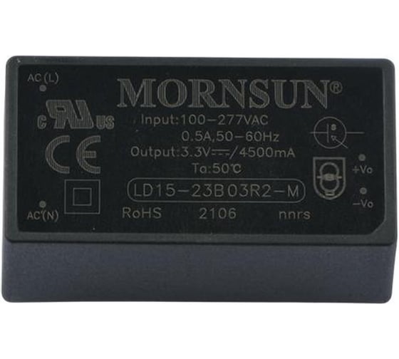 Изображение товара Блок питания на печатную плату MORNSUN LD15-23B03R2-M, в кожухе, AC/DC 13 Вт 3.3 В, изолированный, залитый компаундом, низкий уровень шумов и пульсаций 3682026