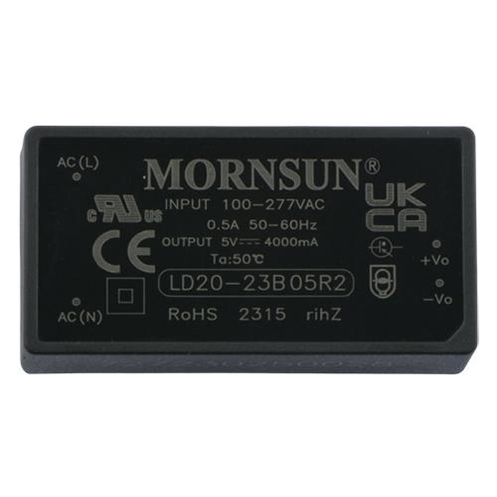 Изображение товара Блок питания на печатную плату MORNSUN LD20-23B05R2, в кожухе, AC/DC 20 Вт 5 В, изолированный, залитый компаундом, низкий уровень шумов и пульсаций 3951835