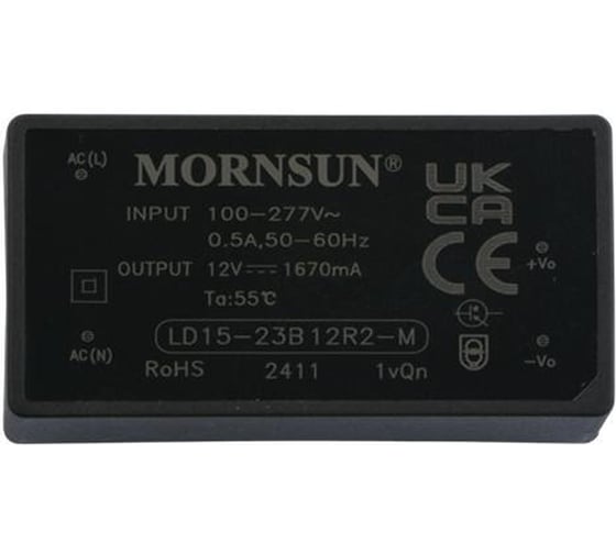 Изображение товара Блок питания на печатную плату MORNSUN LD15-23B12R2-M, в кожухе, AC/DC 15 Вт 12 В, изолированный, залитый компаундом, низкий уровень шумов и пульсаций 3682028