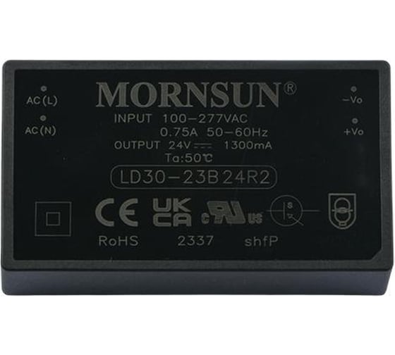 Изображение товара Блок питания на печатную плату MORNSUN LD30-23B24R2, в кожухе, AC/DC 30 Вт 24 В, изолированный, залитый компаундом, низкий уровень шумов и пульсаций 3915787