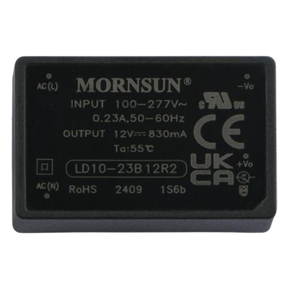 Изображение товара Блок питания на печатную плату MORNSUN LD10-23B12R2, в кожухе, AC/DC 10 Вт 12 В, изолированный, залитый компаундом, низкий уровень шумов и пульсаций 3659032