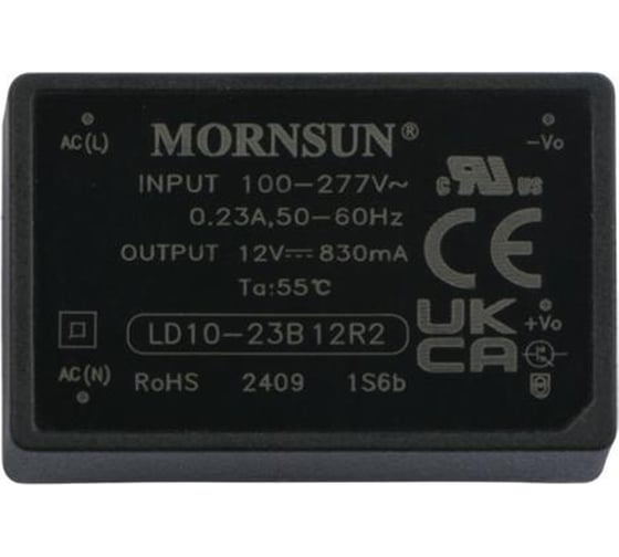 Изображение товара Блок питания на печатную плату MORNSUN LD10-23B12R2, в кожухе, AC/DC 10 Вт 12 В, изолированный, залитый компаундом, низкий уровень шумов и пульсаций 3659032