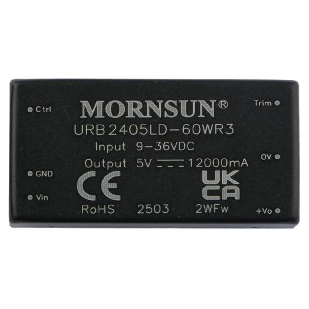 Изображение товара Блок питания MORNSUN URB2405LD-60WR3 на печатную плату, DC/DC 60 Вт 5 В, изолированный, широкий вход, однополярный выход 5300584