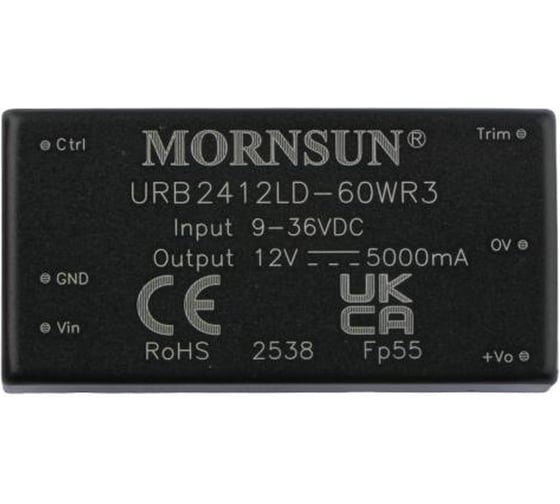 Изображение товара Блок питания MORNSUN URB2412LD-60WR3 на печатную плату, DC/DC 60 Вт 12 В, изолированный, широкий вход, однополярный выход 5303648