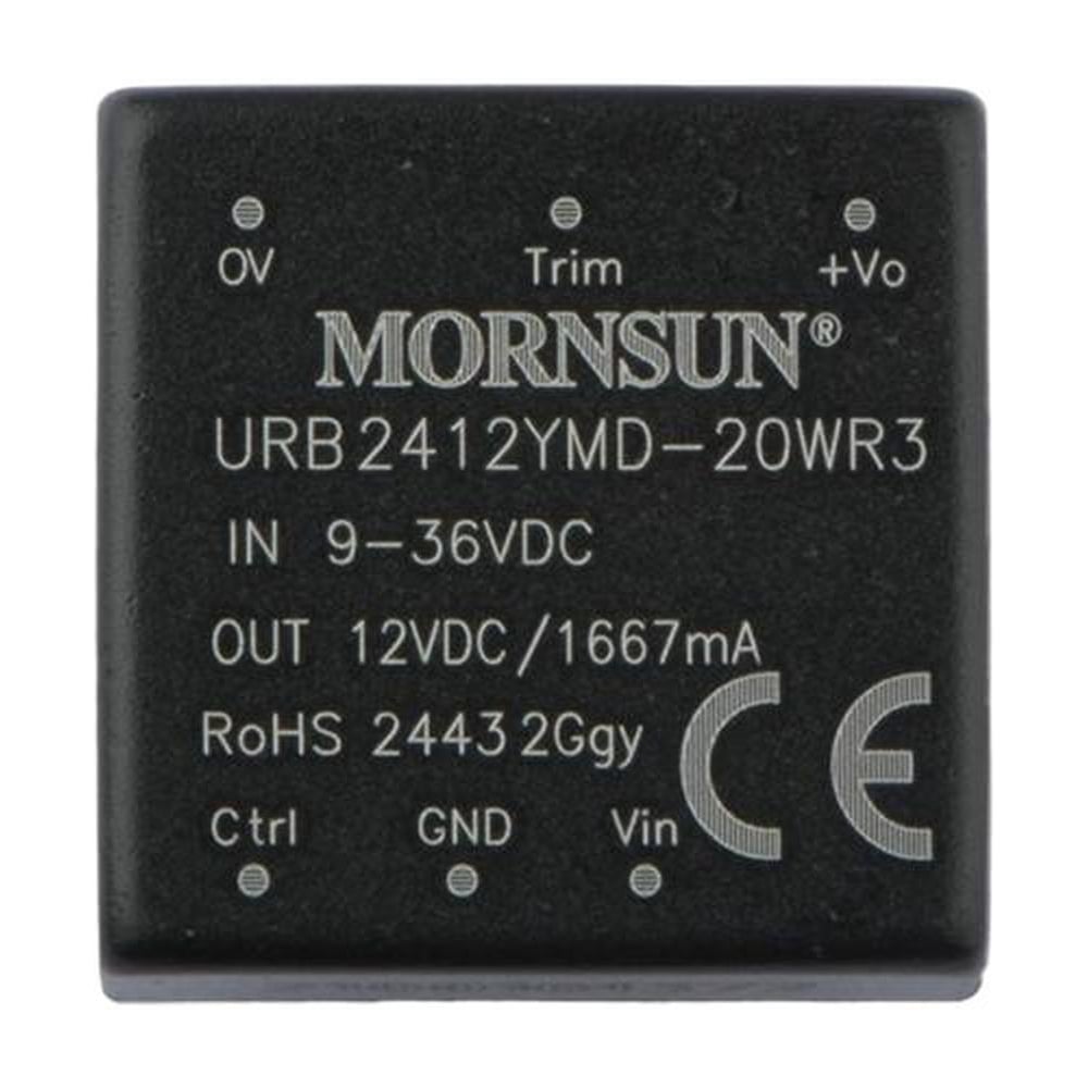 Изображение товара Блок питания MORNSUN URB2412YMD-20WR3 на печатную плату, DC/DC 20 Вт 12 В, изолированный, широкий вход, однополярный выход 3153534