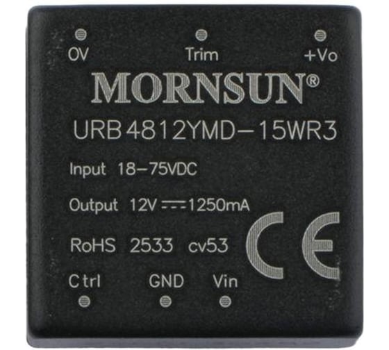 Изображение товара Блок питания MORNSUN URB4812YMD-15WR3 на печатную плату, DC/DC 15 Вт 12 В, изолированный, широкий вход, однополярный выход 3152541