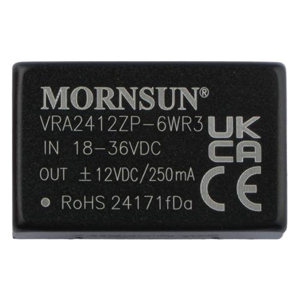 Изображение товара Блок питания MORNSUN VRA2412ZP-6WR3 на печатную плату, DC/DC 6 Вт 12 В, -12 В, изолированный, биполярный выход, стандартный корпус 3152706