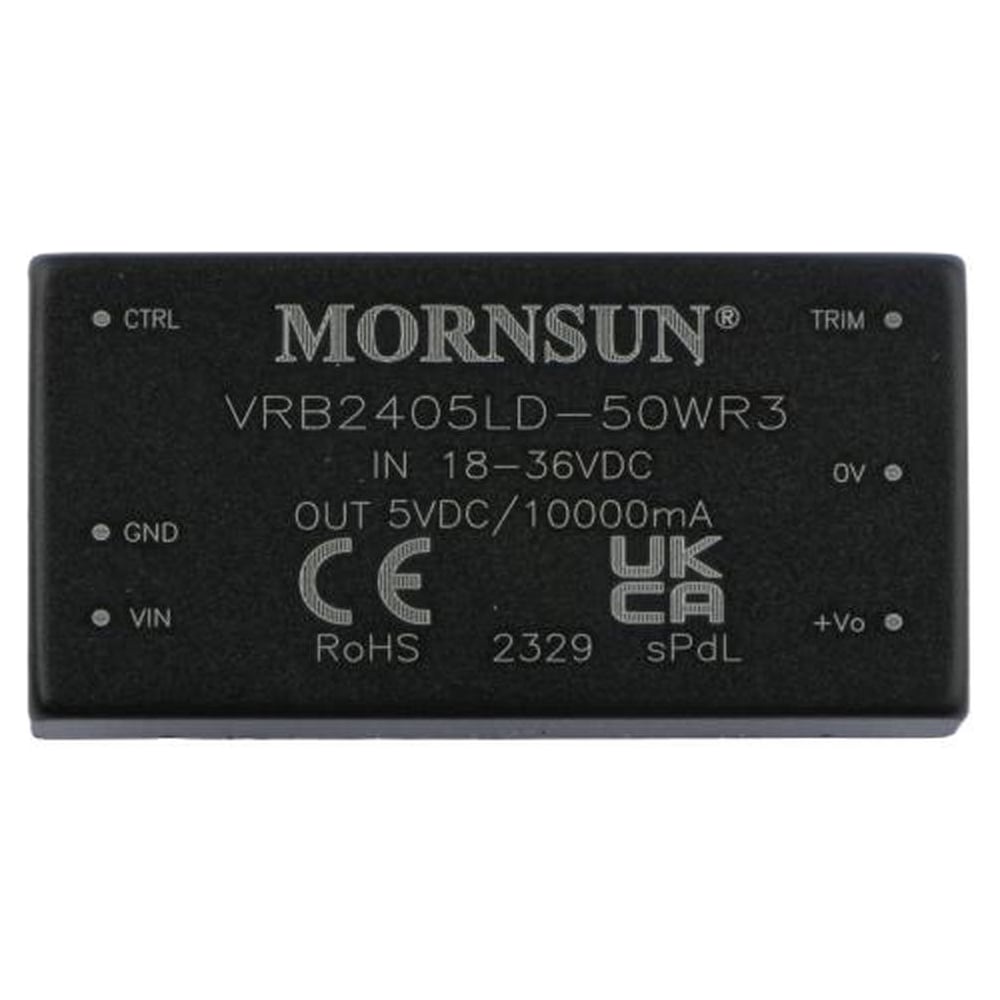 Изображение товара Блок питания MORNSUN VRB2405LD-50WR3 на печатную плату, DC/DC 50 Вт 5 В, изолированный, однополярный выход, стандартный корпус 4270297
