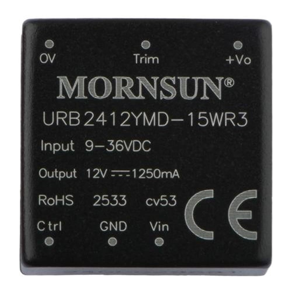 Изображение товара Блок питания MORNSUN URB2412YMD-15WR3 на печатную плату, DC/DC 15 Вт 12 В, изолированный, широкий вход, однополярный выход 3152485